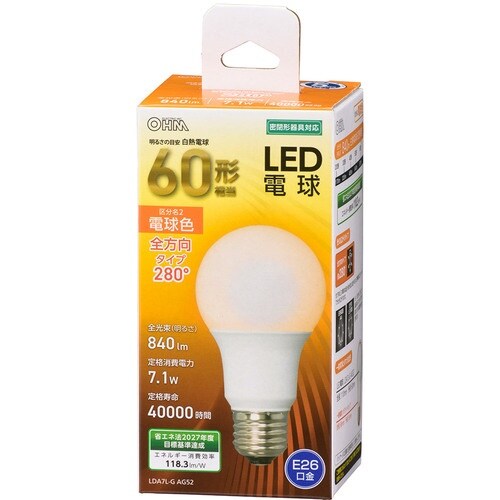 OHM LED電球 A E26 7.1W 電球色