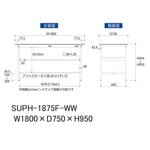 SUPH−1875F−WW固定棚付テーブル150