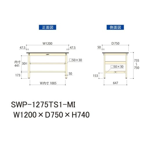 SWP−1275TS1MI固定棚付テーブル300