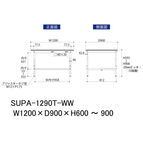 作業台高さ調整 SUPA1290TWW半面棚