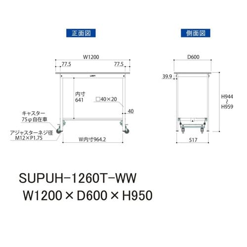 作業台ワンタッチ移動SUPUH1260TWW半面棚