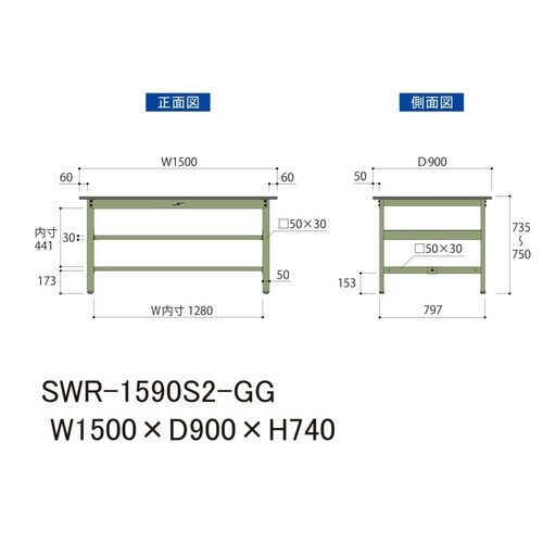 作業台中棚付 SWR−1590S2−GG塩ビ天板