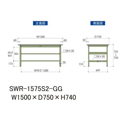 作業台中棚付 SWR−1575S2−GG塩ビ天板