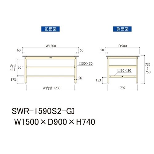 作業台中棚付 SWR−1590S2−GI塩ビ天板