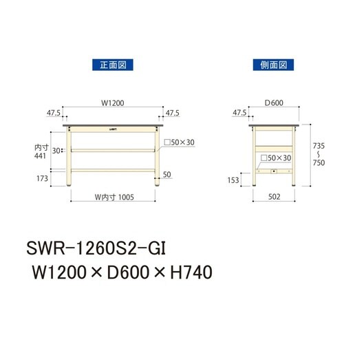作業台中棚付 SWR−1260S2−GI塩ビ天板