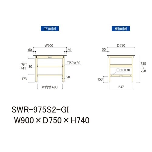 作業台中棚付 SWR−975S2−GI塩ビ天板