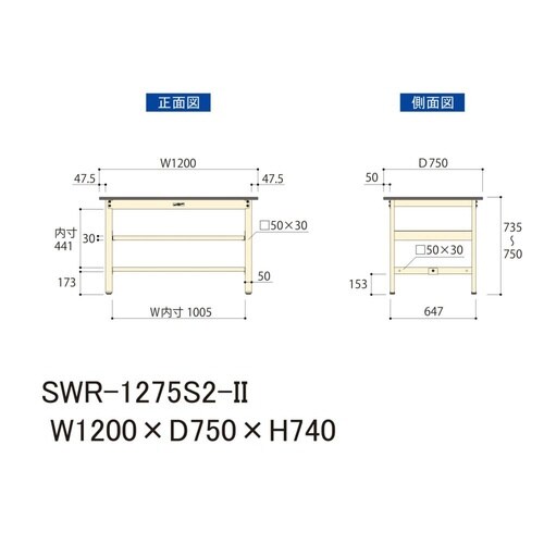 作業台中棚付 SWR−1275S2−II塩ビ天板