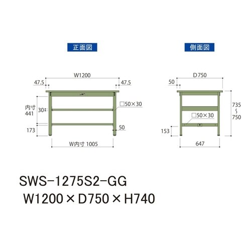 作業台中棚付 SWS−1275S2−GGスチール