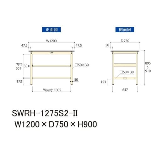 作業台中棚付 SWRH−1275S2−II塩ビ天板