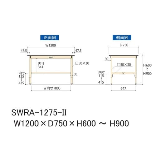 作業台高さ調整 SWRA−1275−II塩ビ天板