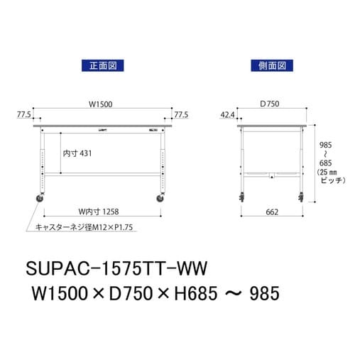 作業台高さ調整移動SUPAC1575TTWW全面棚