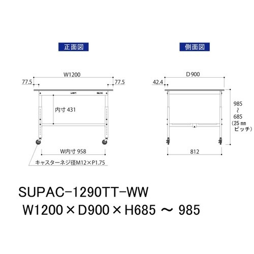 作業台高さ調整移動SUPAC1290TTWW全面棚