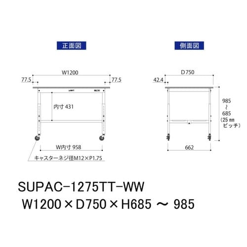 作業台高さ調整移動SUPAC1275TTWW全面棚