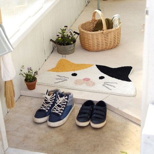 玄関マット 35×70cm 室内 半円形 ミケネコ