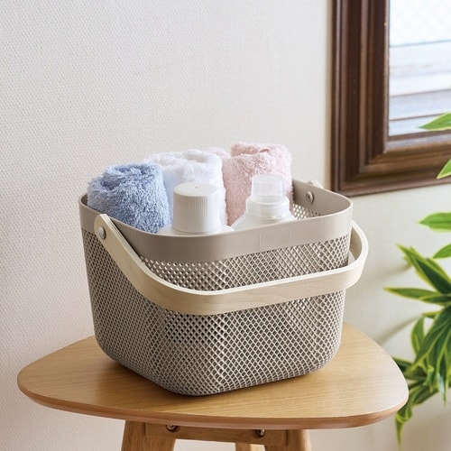 かご 木製 持ち手付き スクエアバスケット モカ