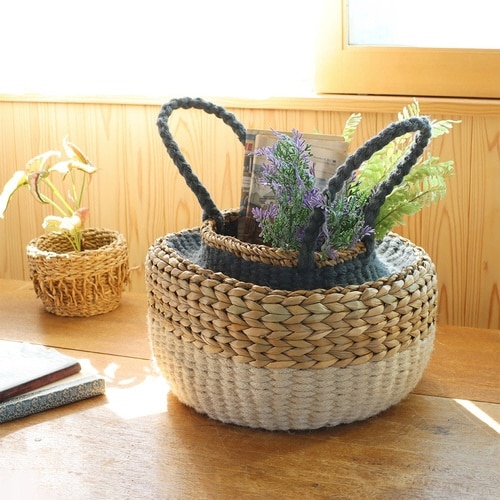 かご バスケット ジュート&シーグラス 持ち手付き
