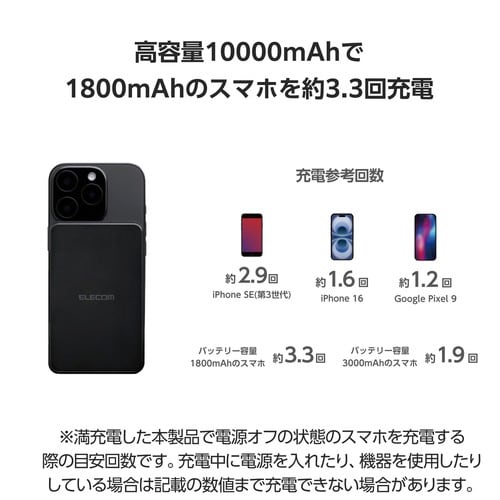 モバイルバッテリー 磁石 10000mAh 黒