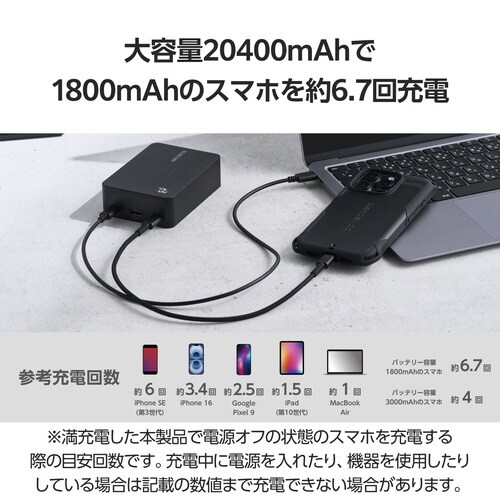 モバイルバッテリー20400mAh ケーブル付 黒