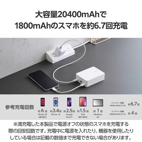 モバイルバッテリー20400mAh ケーブル付 白