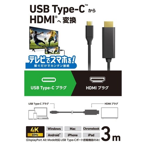 USB−C HDMI 変換ケーブル 3m ブラック