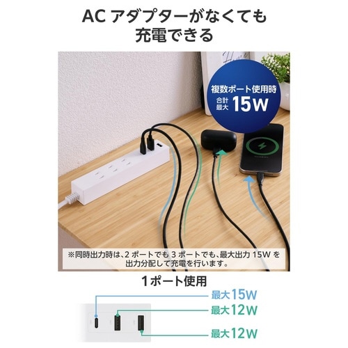 電源タップ 1.5m 3個口 C×1 A×2 白