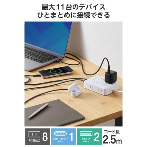 電源タップ USB延長コード 8個口 ホワイト