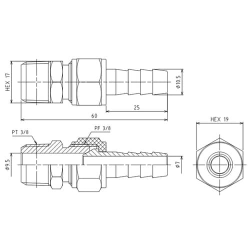 R 3/8”x10.5mm 雄ねじステム