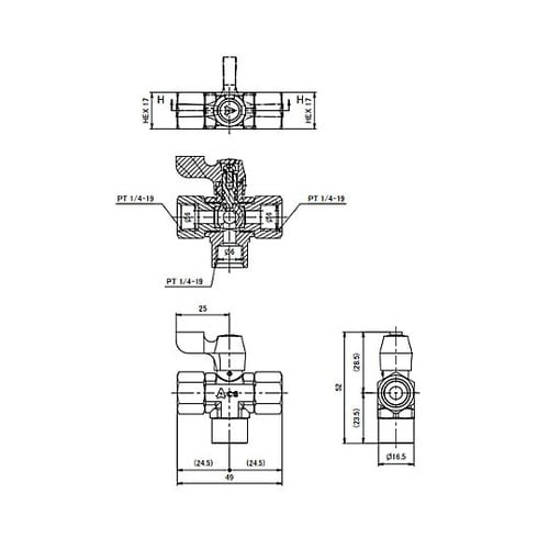 Rc 1/4” ミニボールバルブ(3方)