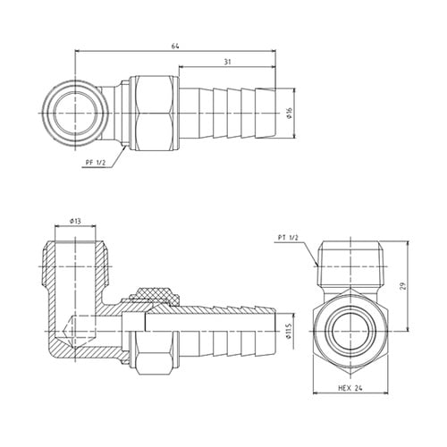 R 1/2”xφ16.0mm 雄ねじステ