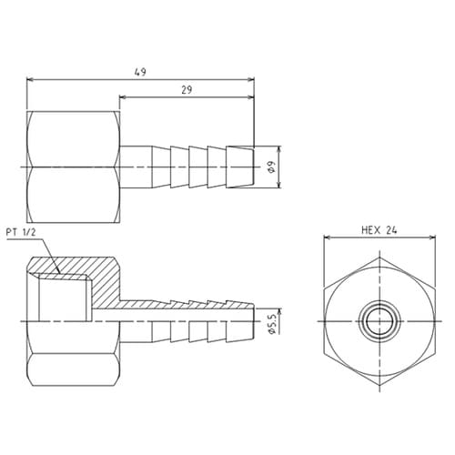 Rc 1/2”x 9.0mm 雌ねじステ