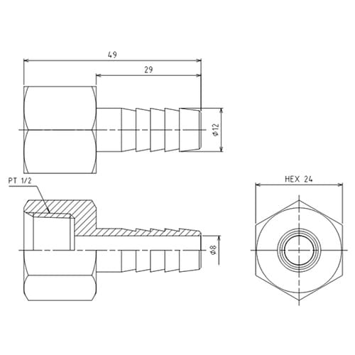 Rc 1/2”x12.0mm 雌ねじステ