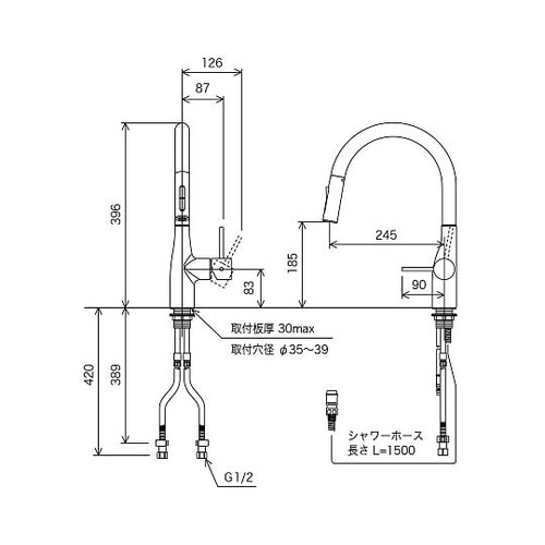流台シャワー付混合栓グース e KM60