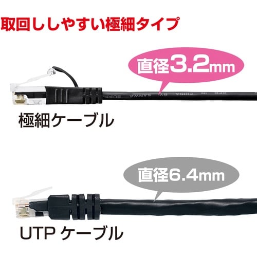 SANWA カテゴリ6準拠極細LANケーブル(ブラ