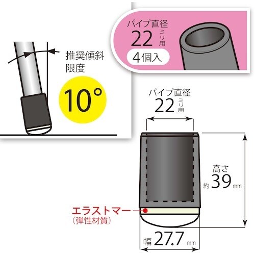 WAKI 静音パイプ脚用キャップ22ミリ 4個入