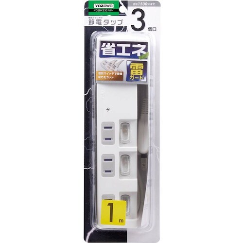 YAZAWA 個別スイッチ付節電タップ3個口1m白