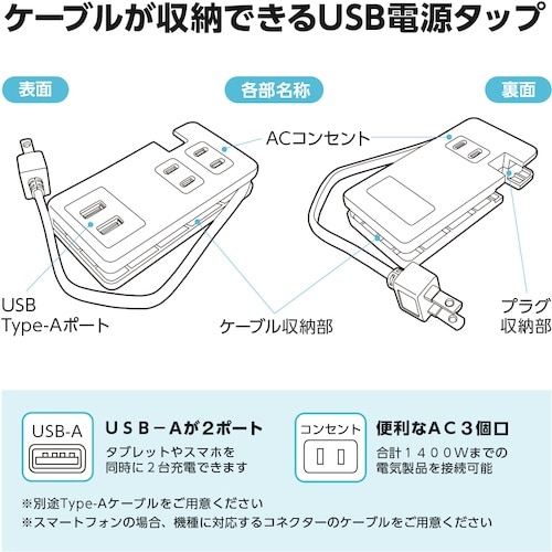アイメディア ケーブルが収納できるUSB電源タップ