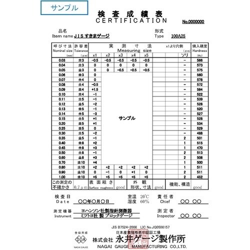 DIA JIS規格すきまゲージ 100A19 +