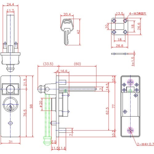 ジョー・プリンス ステンレス差込栓錠 60mm 鍵