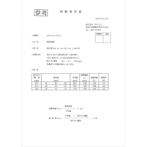 GASTEC 校正証明書(試験成績書付)、トレーサ