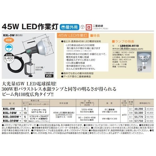 ハタヤ 45W LED作業灯 200V