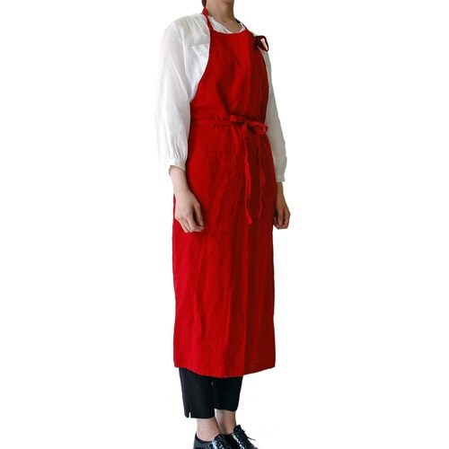 エプロン 麻100% 無地 ポケット付き レッド