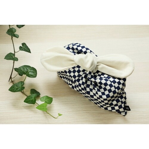 &NE 弁当袋 リボン 市松柄 ネイビー