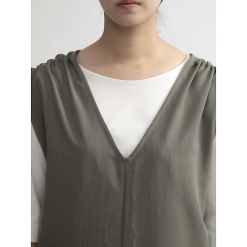 エプロン 無地 肩ギャザーオールインワン カーキ