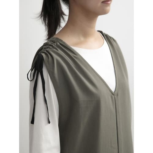 エプロン 無地 肩ギャザーオールインワン カーキ