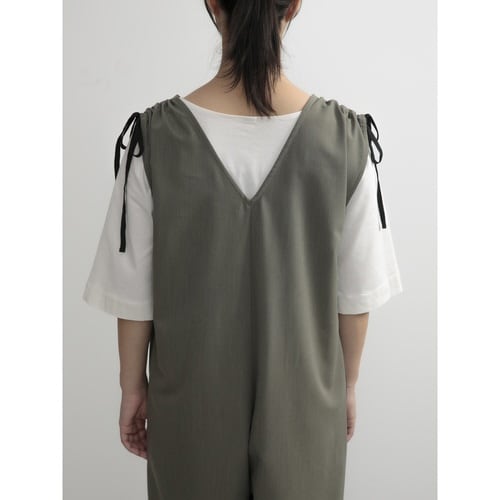 エプロン 無地 肩ギャザーオールインワン カーキ