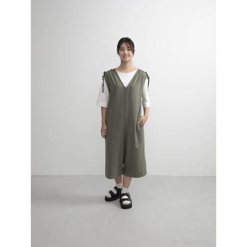 エプロン 無地 肩ギャザーオールインワン カーキ