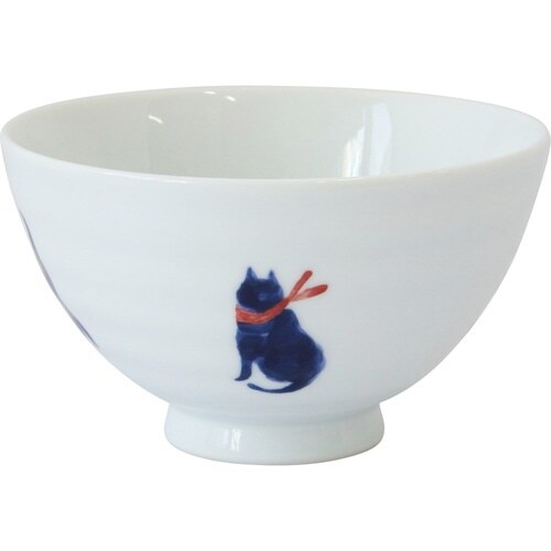 飯碗 11.5cm 気まま猫 藍花 陶器 赤