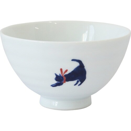 飯碗 11.5cm 気まま猫 藍花 陶器 赤
