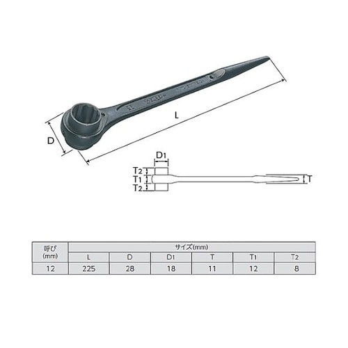 12mm/225mm 片口ラチェットレン