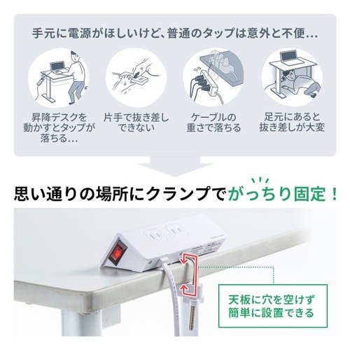 クランプ固定式タップ(2P・4個口・ホワイト)